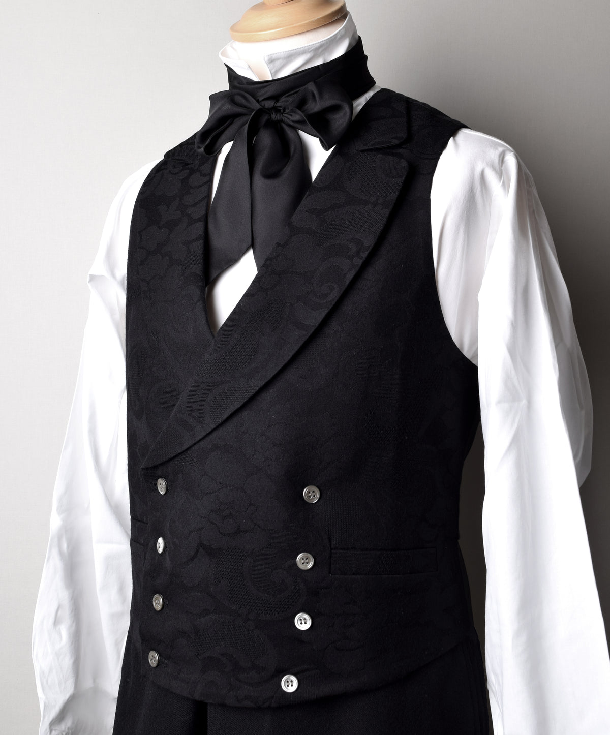 Victorian Double Breasted Waistcoat (WC108) - Black Wool Damask