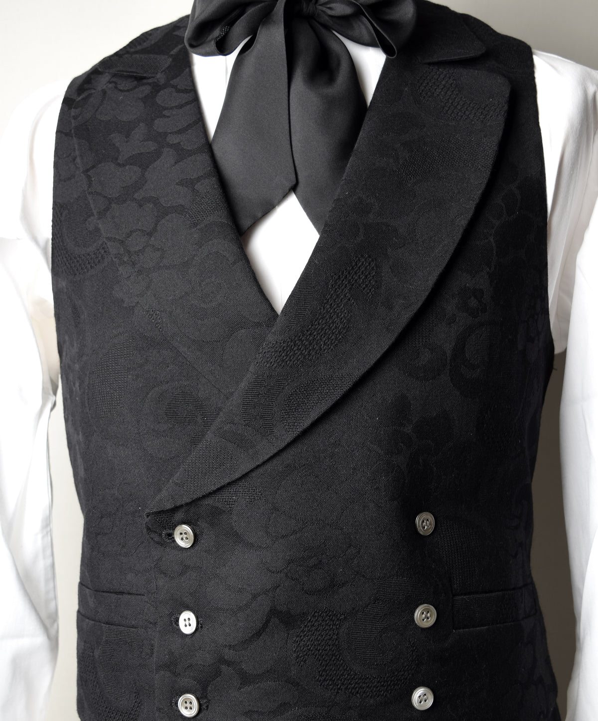 Victorian Double Breasted Waistcoat (WC108) - Black Wool Damask