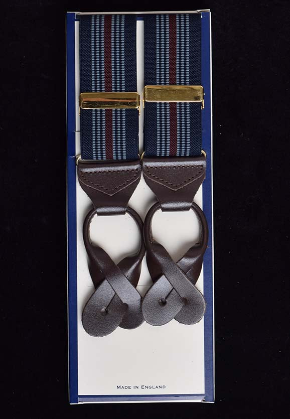 Striped Tan Runner End Button-On Braces (BR717) - Navy/Maroon