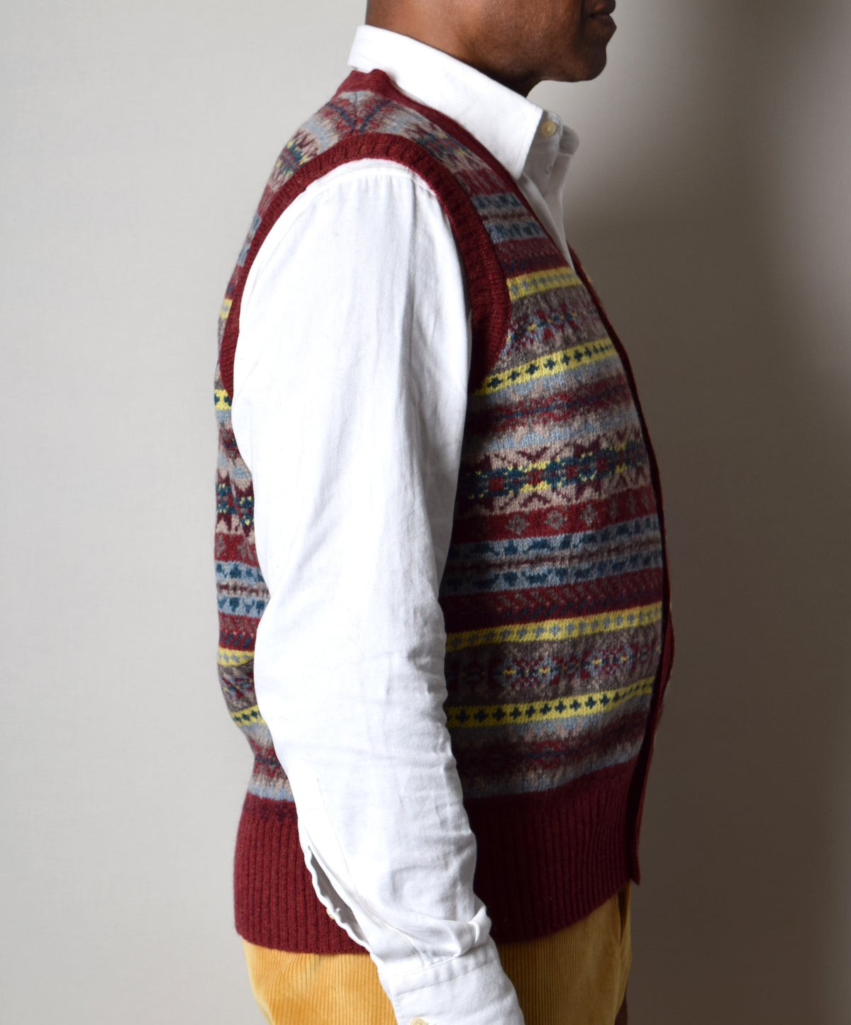 Flame Button Through Wool Fair Isle Waistcoat (KN160) - Side 1