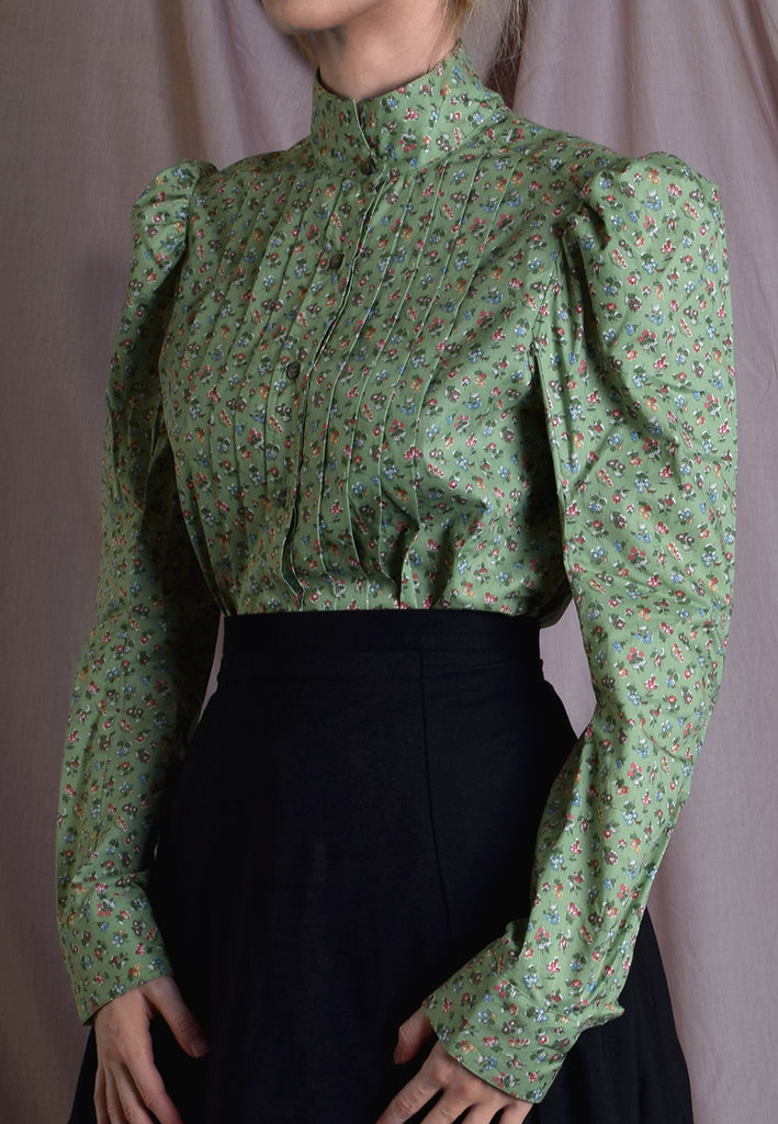 Liberty Print Fabric Ladies Victorian Blouse (BL002) - Green Tana Lawn Floral