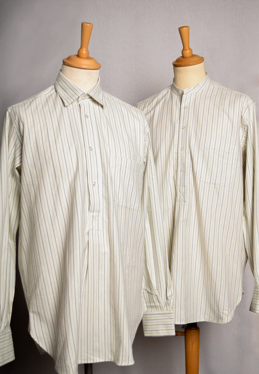 Cream / Blue Textured Stripe Grandad Shirt - Collar Attached