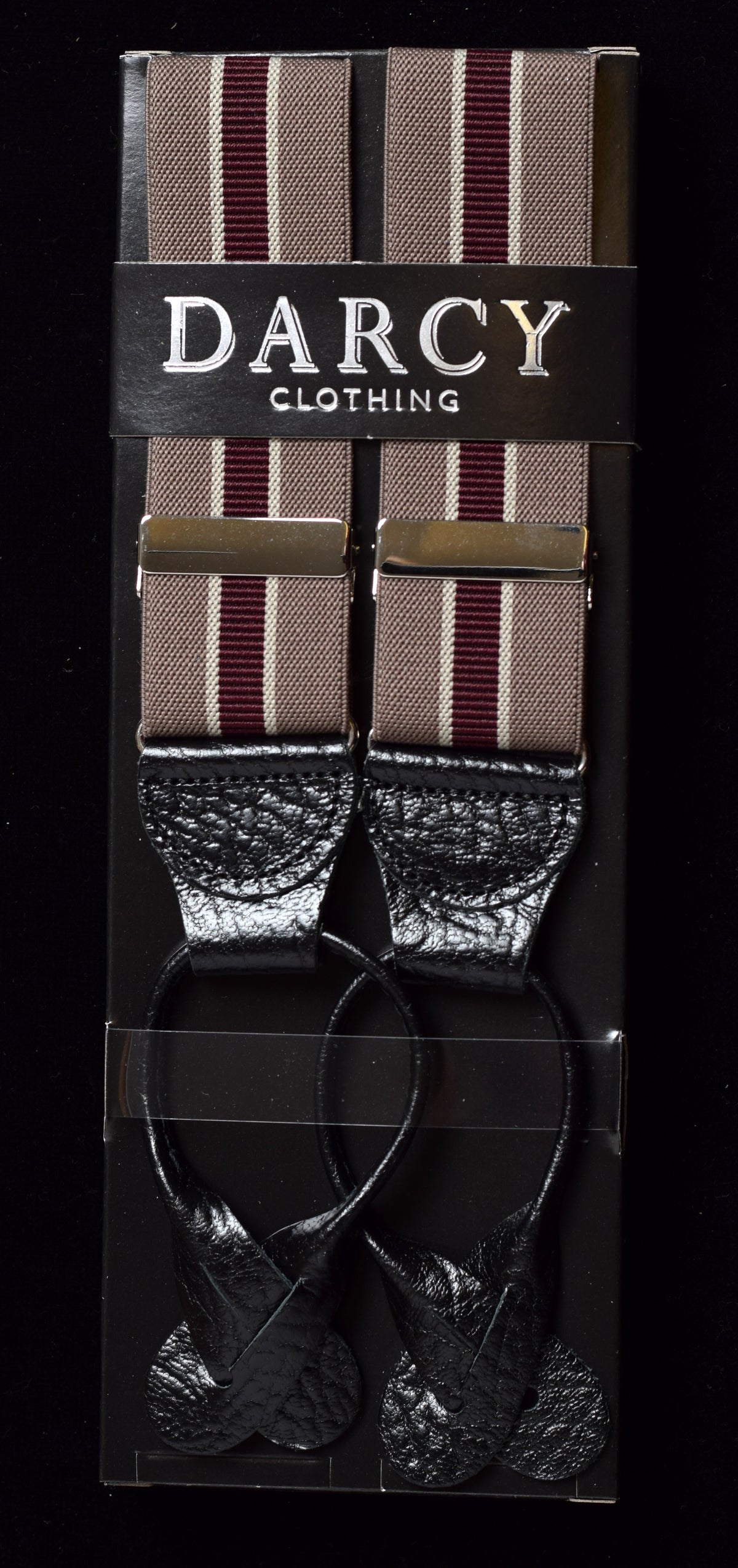 Striped Black Runner End Button-On Braces (BR716) - Fawn / Wine Stripe