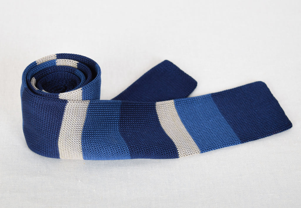 Silk Knitted Ties (CR574) - Cobalt / Royal / Grey Stripe