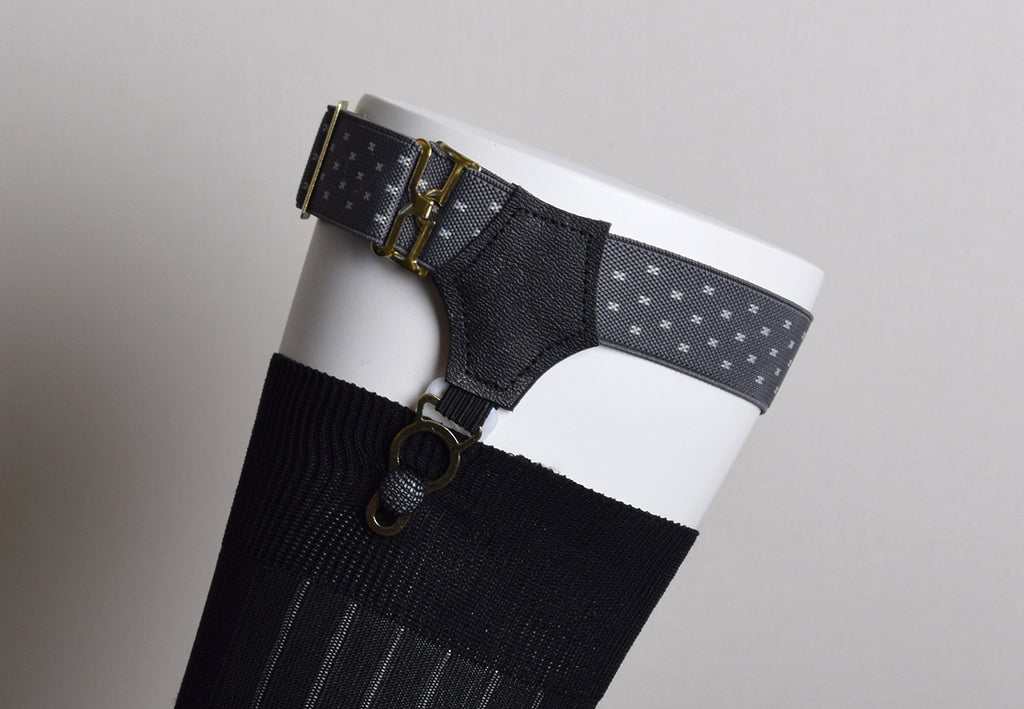 Patterned Sock Suspenders (BR702) - Grey with White Spot
