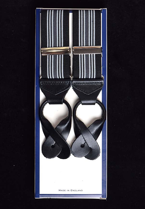 Striped Black Runner End Button-On Braces (BR716) - Black/Grey