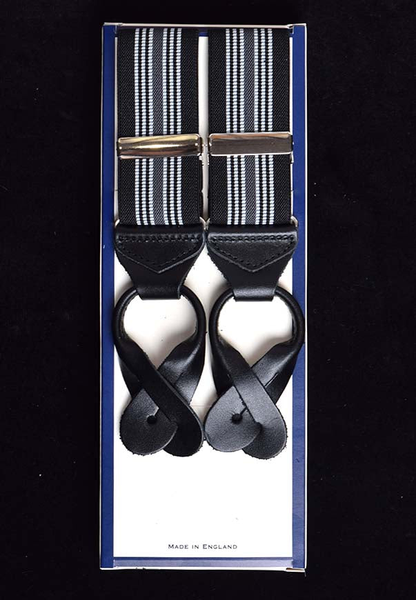 Striped Black Runner End Button-On Braces (BR716) - Grey/Silver