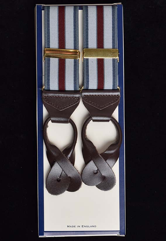 Striped Tan Runner End Button-On Braces (BR717) - Silver/Maroon