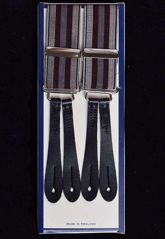 Working Men's Striped Button-On Braces (BR730) - Wine/Grey Textured