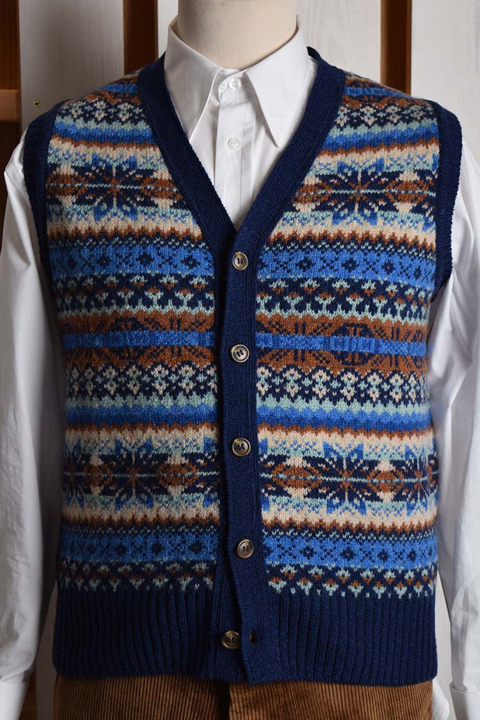 Button Through Fair Isle Waistcoat (KN150) - Starnight Blue