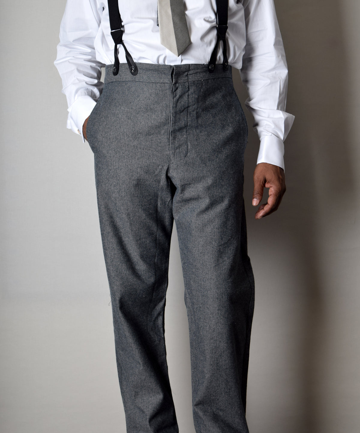 Grey Brushed Cotton Herringbone Fishtail Back Trousers (TR300) - Front