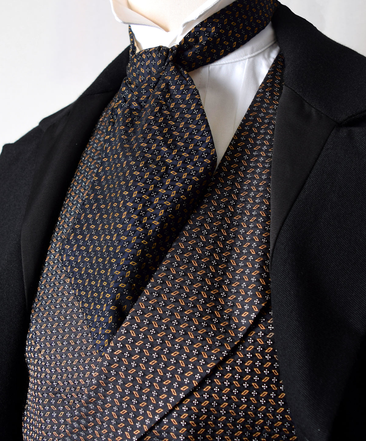 Victorian Double Breasted Waistcoat - Black/Gold Woven Silk (WC108-S) - With Original Silk Cravat