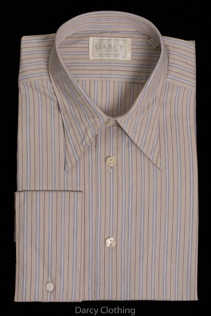 Replica Striped Fabric Spearpoint Collar Shirt | Permanent Stock (SH190R) - Colour 73 - Fawn, Mauve & Blue Stripe