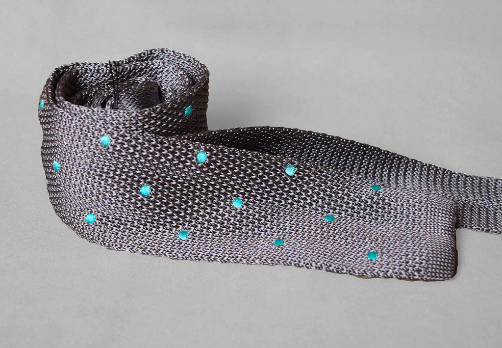 Silk Knitted Ties (CR574) - Grey with Aqua Spot