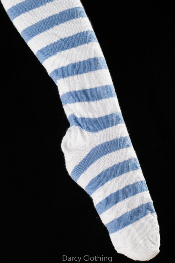 Heavyweight Cotton Horizontal Striped Stockings (SO159) - Light Blue/White
