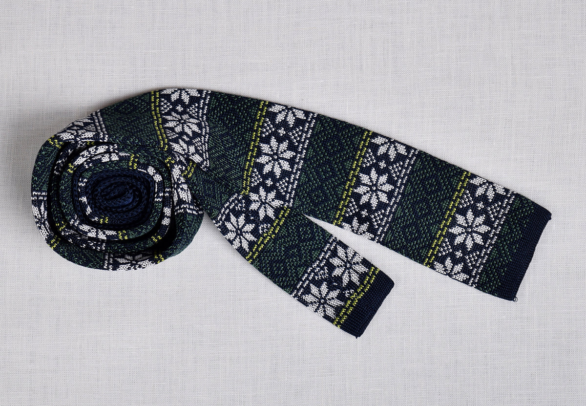 Silk Knitted Ties (CR574) - Green/White/Yellow Fairisle