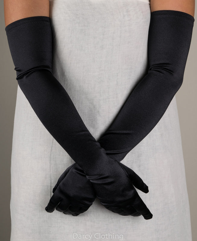 Full Length Satin Evening Gloves (GL652) - Black