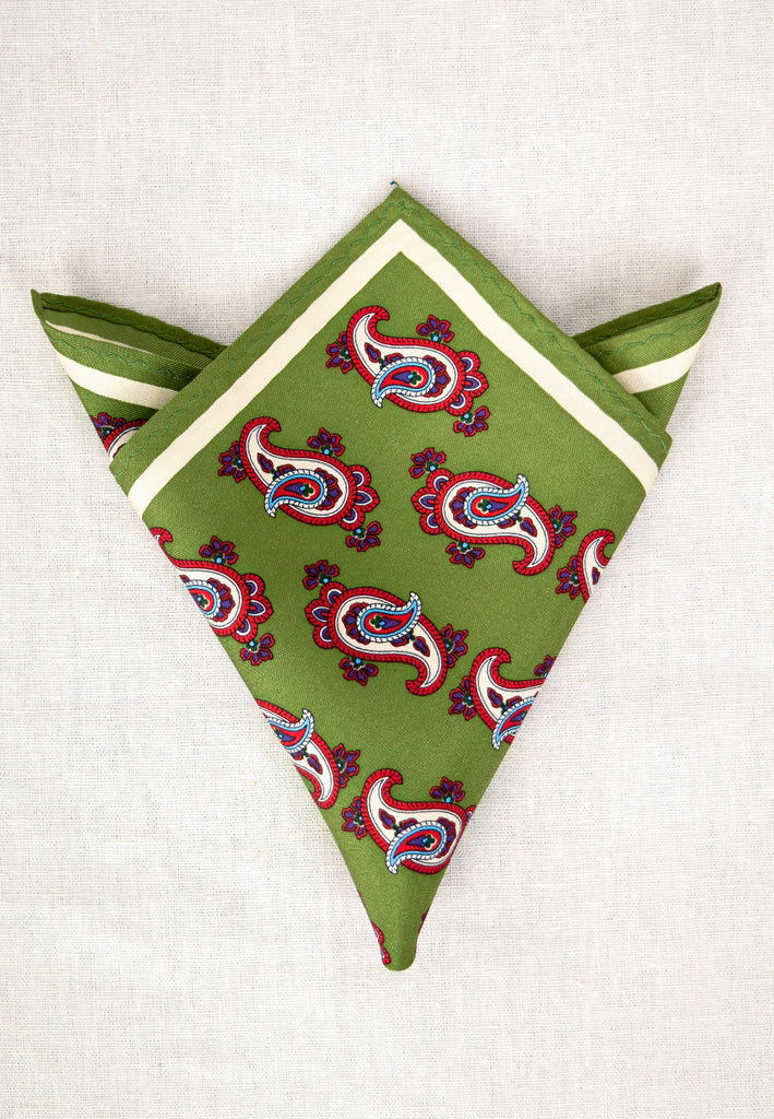 Printed Silk Pocket Square (HA96K) - Green Paisley