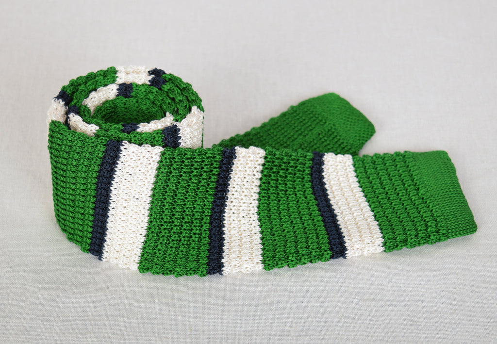 Silk Knitted Ties (CR574) - Green / White / Black Stripe
