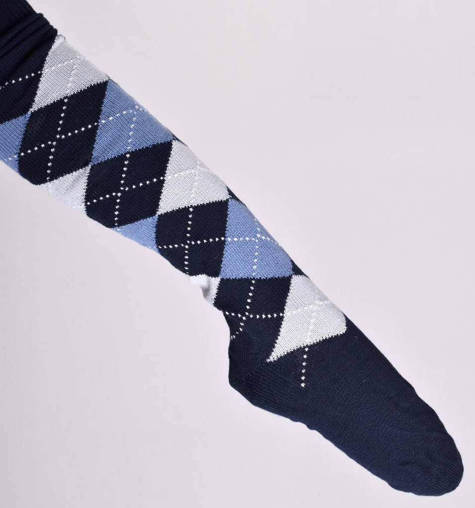 Men's Knee Length Argyll Golf Socks (SO142) - Navy/Blue/Grey