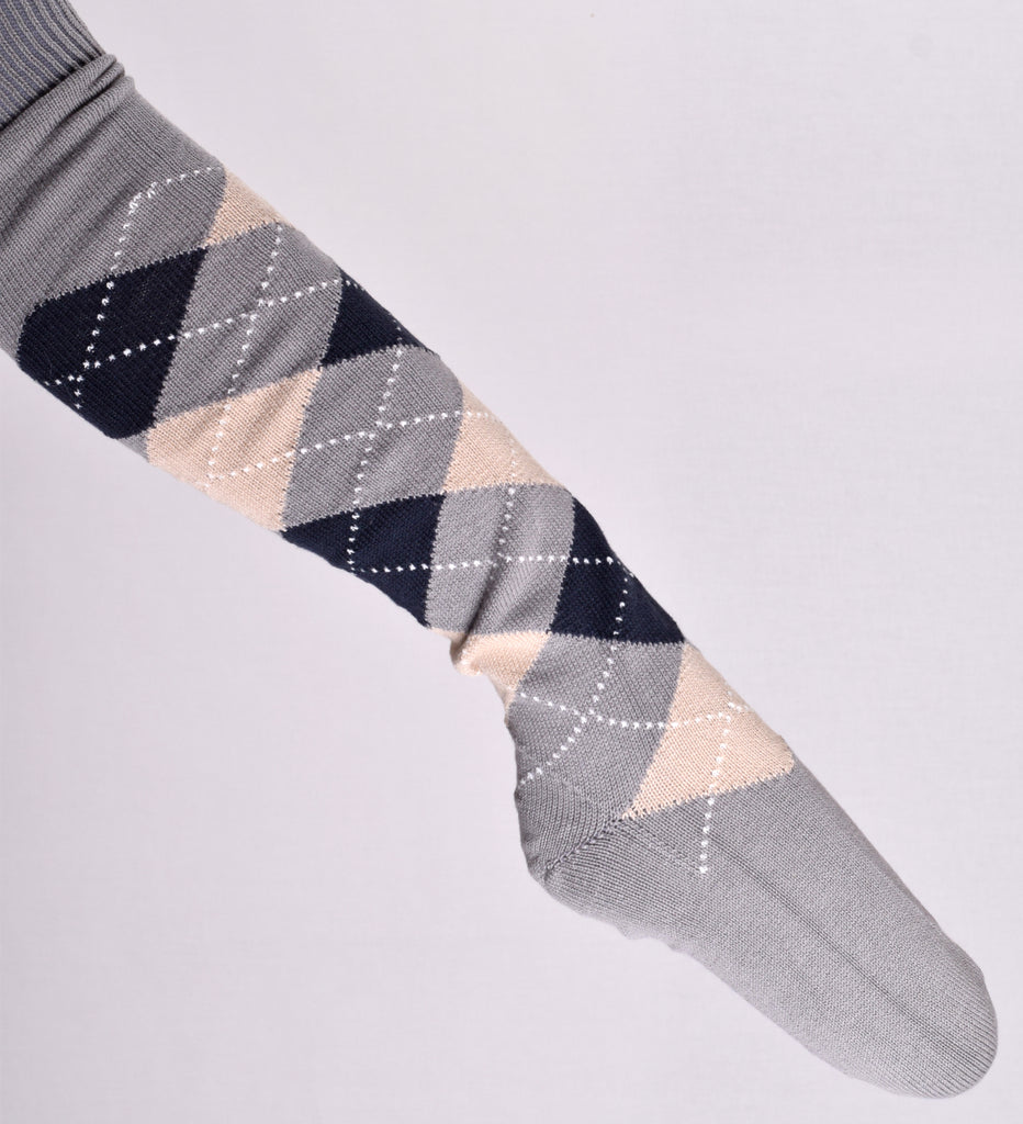 Men's Knee Length Argyll Golf Socks (SO142) - Grey/Oatmeal