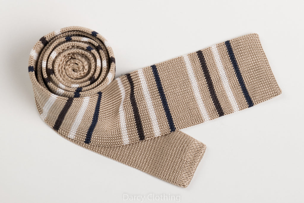 Silk Knitted Ties (CR574) - Beige/Black/White Stripe