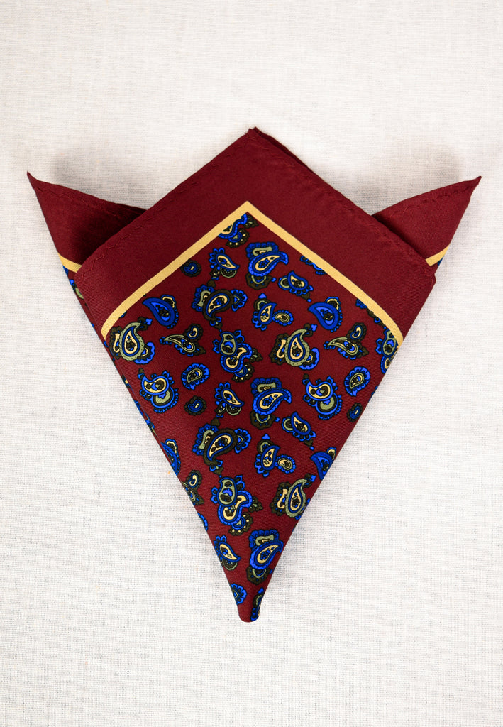 Printed Silk Pocket Square (HA96K) - Wine / Blue Paisley