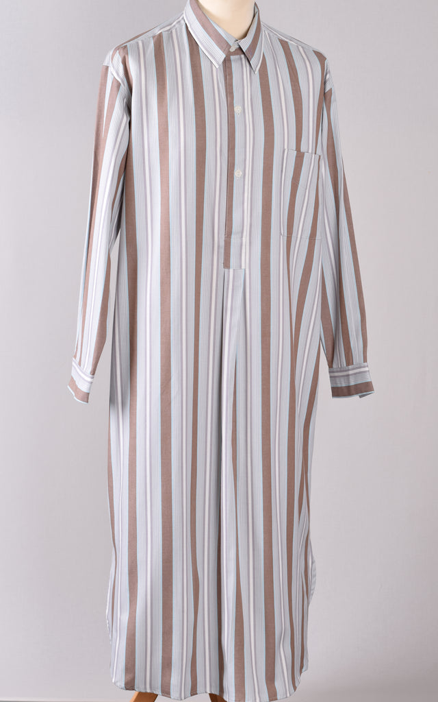 Edwardian Nightshirt (NW461) - Grey / Brown / Turquoise Stripe