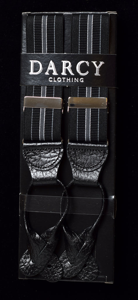 Striped Black Runner End Button-On Braces (BR716) - Black / Grey Stripe