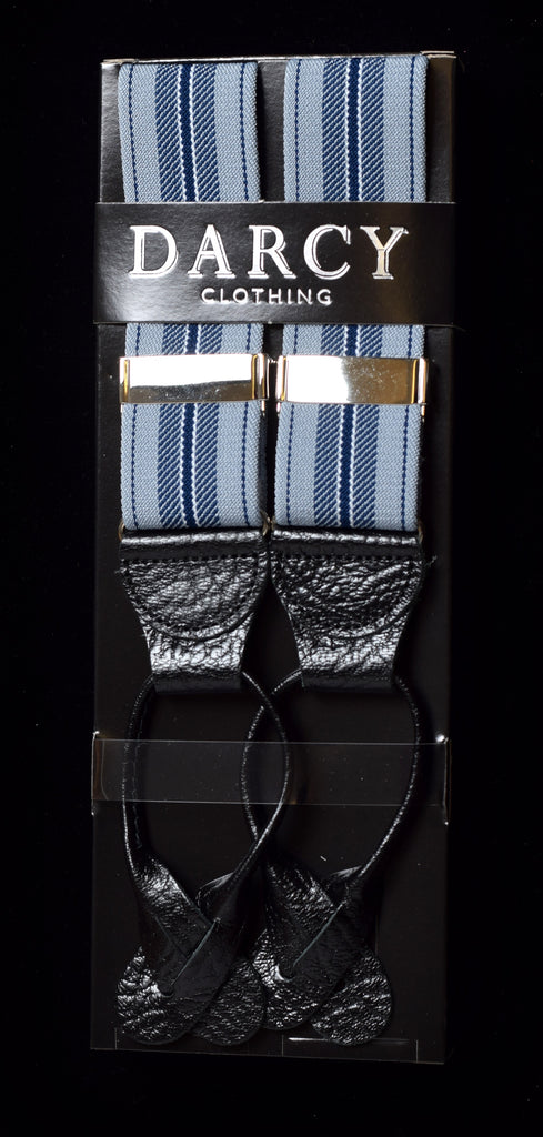 Striped Black Runner End Button-On Braces (BR716) - Blue / Grey Stripe
