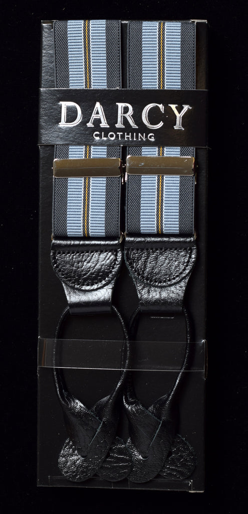 Striped Black Runner End Button-On Braces (BR716) - Grey / Pale Blue Stripe