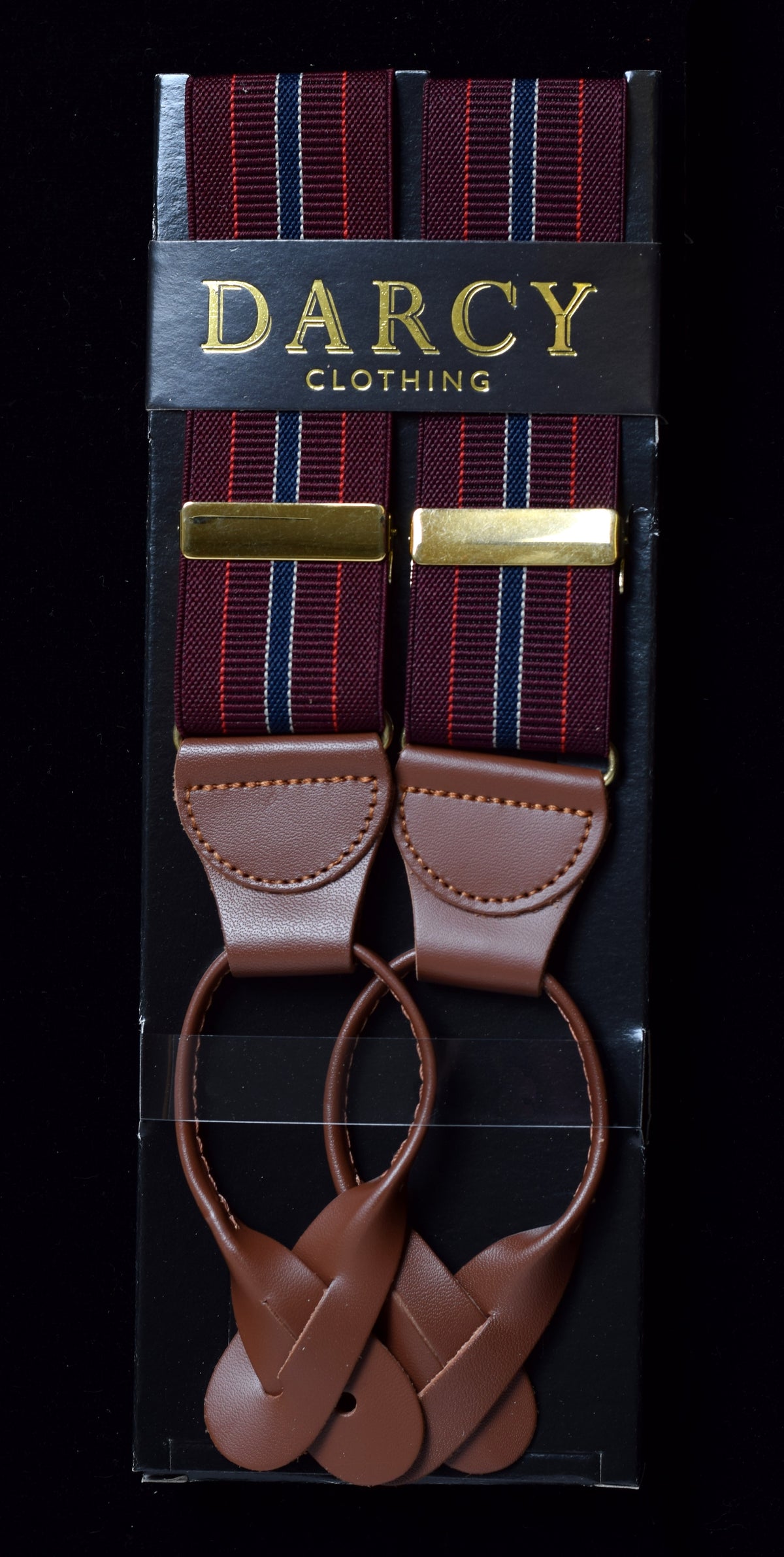 Striped Tan Runner End Button-On Braces (BR717) - Wine/Navy/Red