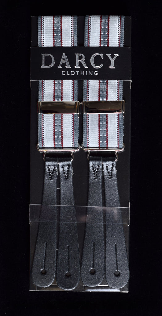 Working Men's Striped Button-On Braces (BR730) - Grey / Red Textured Stripe