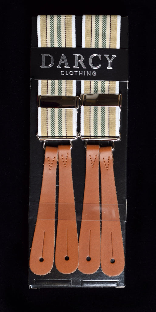 Working Men's Striped Button-On Braces (BR730) - Sand / Green Stripe