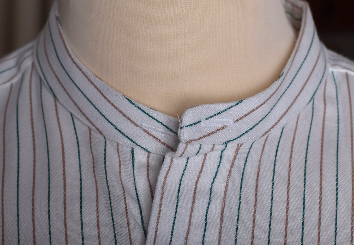 Neckband or Collarless Green Brown Striped Workshirt (SH220NB)