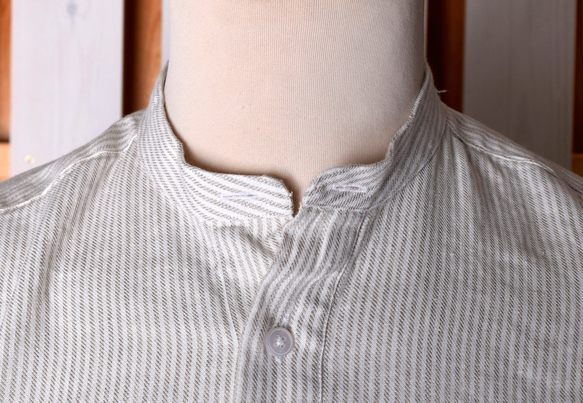 Linen / Cotton Stripe Grandad Work Shirt - Collarless (SH2210NP)