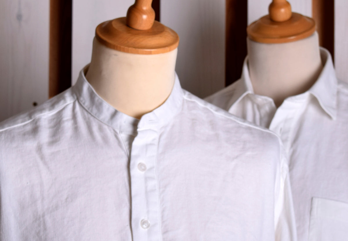 White Linen / Cotton Herringbone Shirt - Classic Collar or Collarless (SH2211)