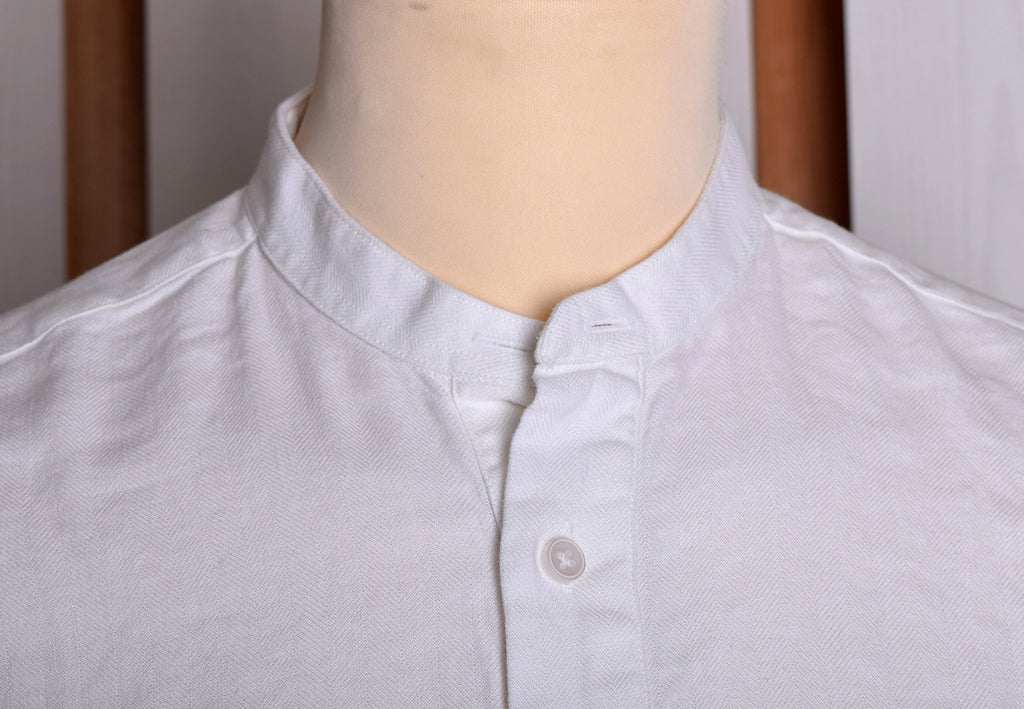 White Linen / Cotton Herringbone Shirt - Classic Collar or Collarless (SH2211)