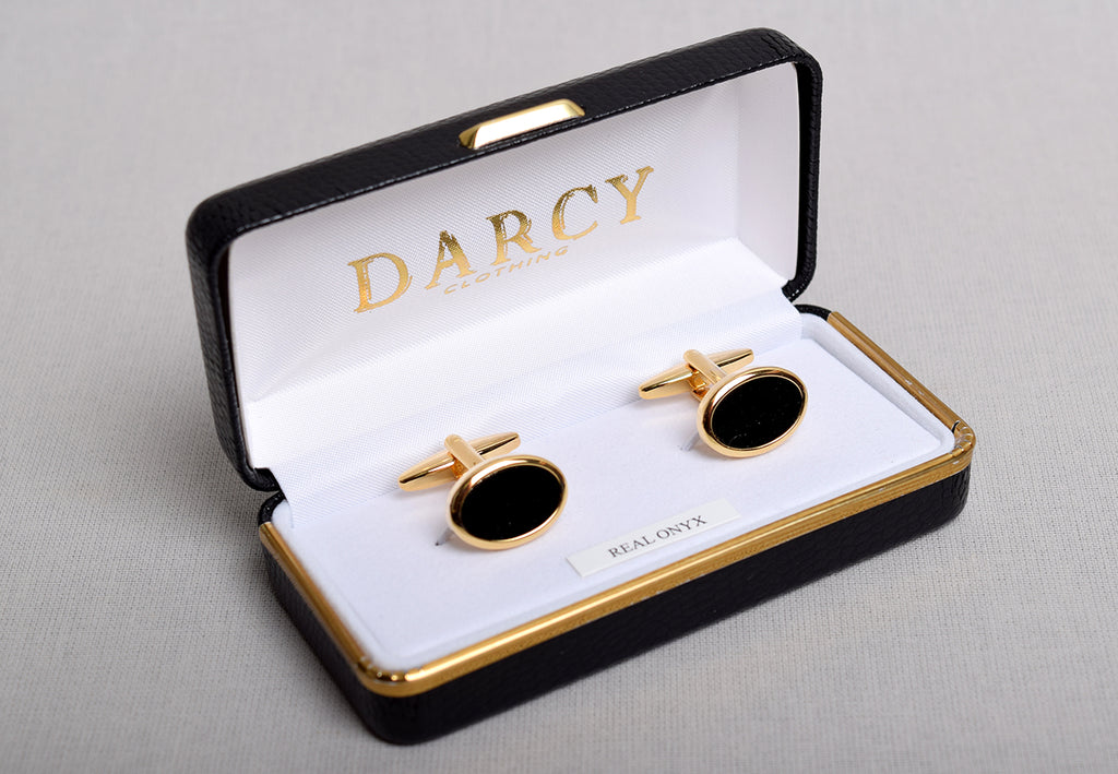 Gilt and Silver Cuff Links (ST915) - Black Onyx/Gilt - Oval