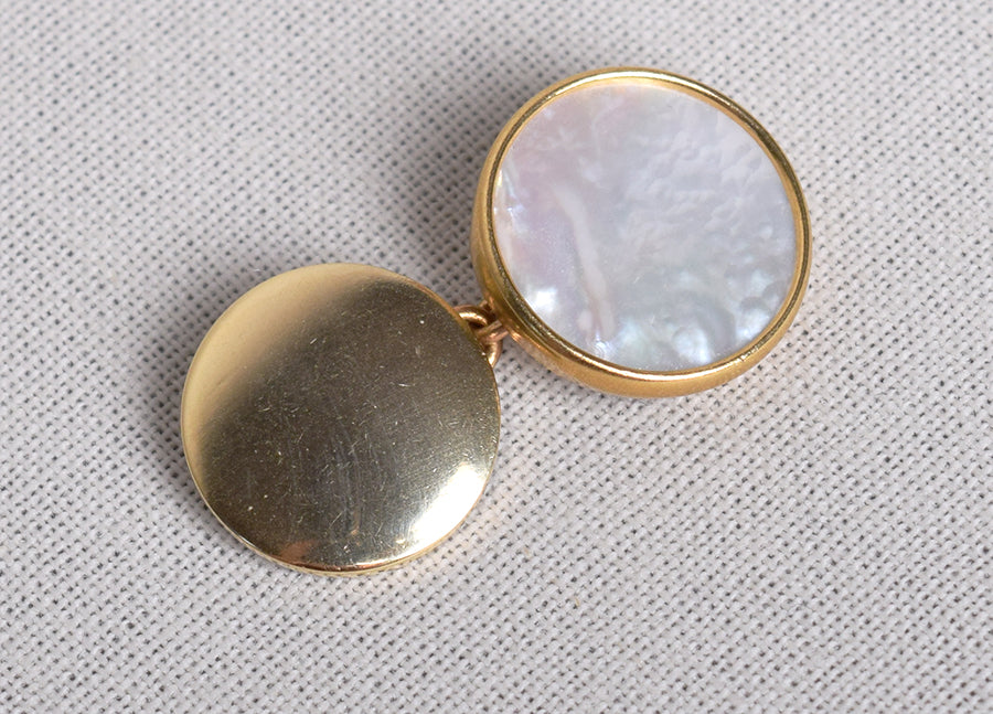 Double Sided Vintage Chain Cuff Links (ST920) - Round Mother of Pearl / Gilt