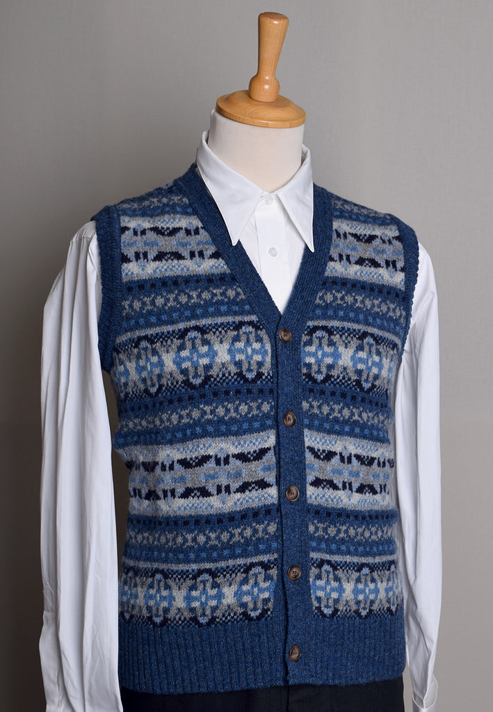 Button Through Fair Isle Waistcoat (KN150) - Denim