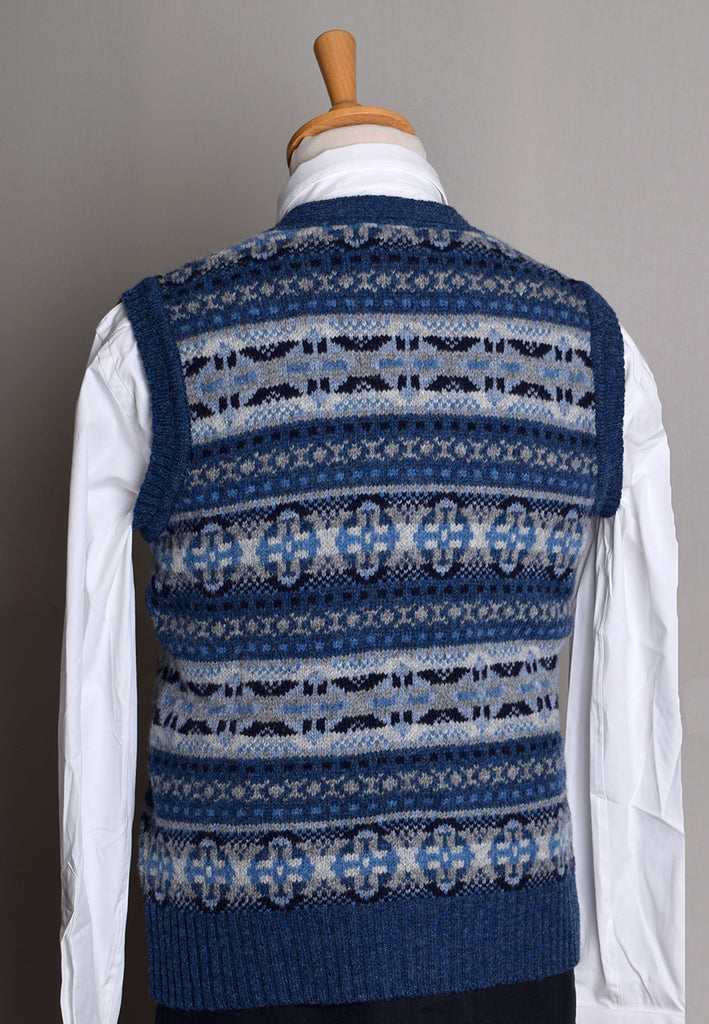 Button Through Fair Isle Waistcoat (KN150) - Denim