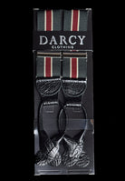 Striped Black Runner End Button-On Braces (BR716) - Olive / Red Stripe