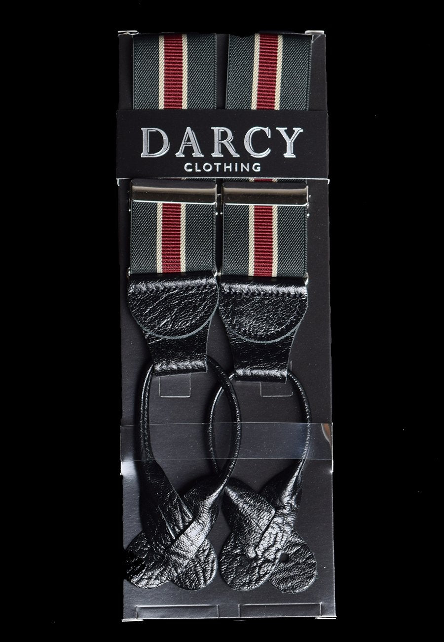 Striped Black Runner End Button-On Braces (BR716) - Olive / Red Stripe