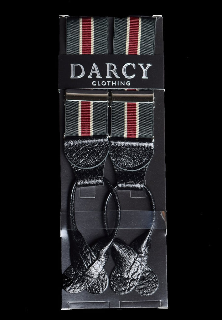 Striped Black Runner End Button-On Braces (BR716) - Olive / Red Stripe