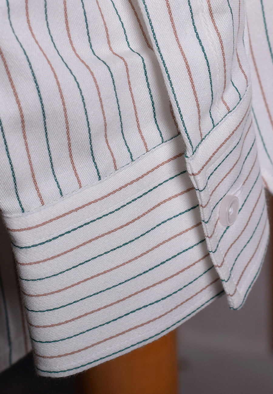 Neckband or Collarless Green Brown Striped Workshirt (SH220NB)