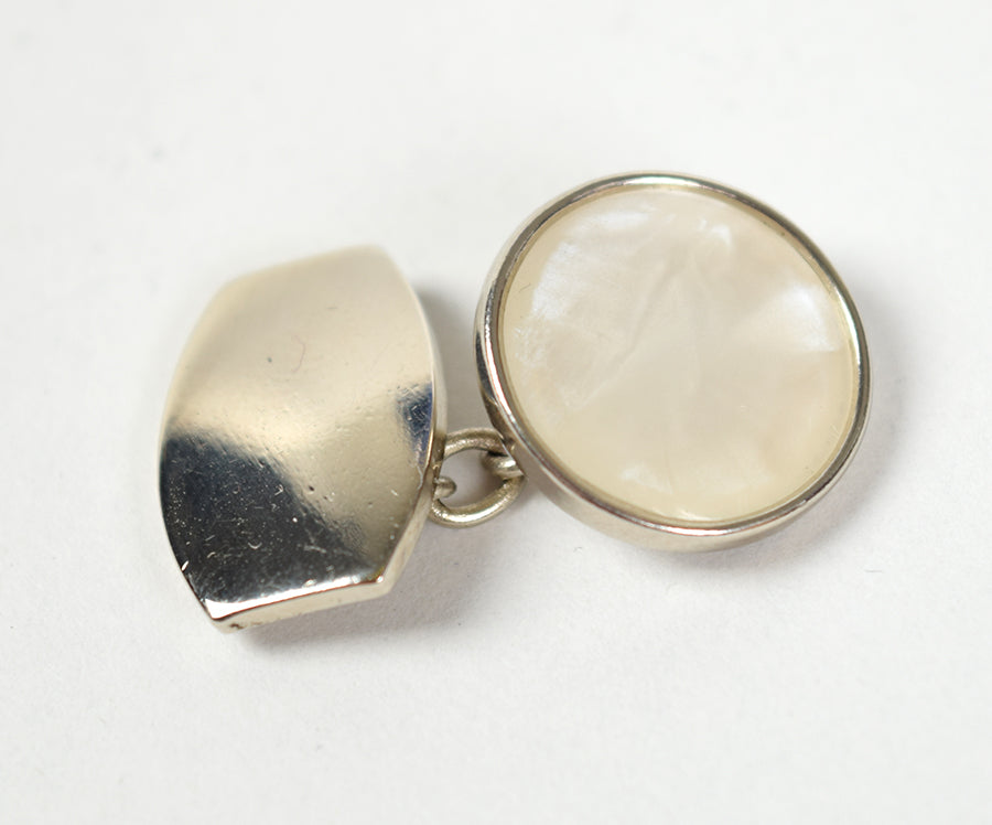 Double Sided Vintage Chain Cuff Links (ST920) - Barrel Mother of Pearl / Silver